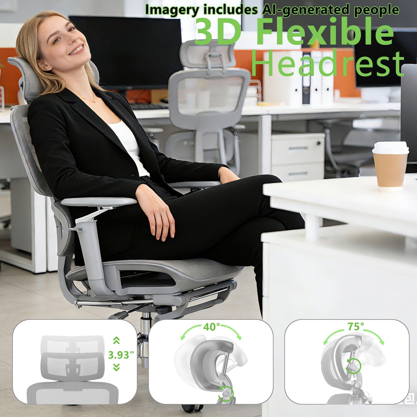 Forzolit Ergonomic Office Chair with Footrest,High Back Mesh Desk Chair,Lumbar Support & 90-135°Recline,3D Headrest & 6D Armrests,Swivel Computer Chair for Home Office, Work & Gaming 1Pack