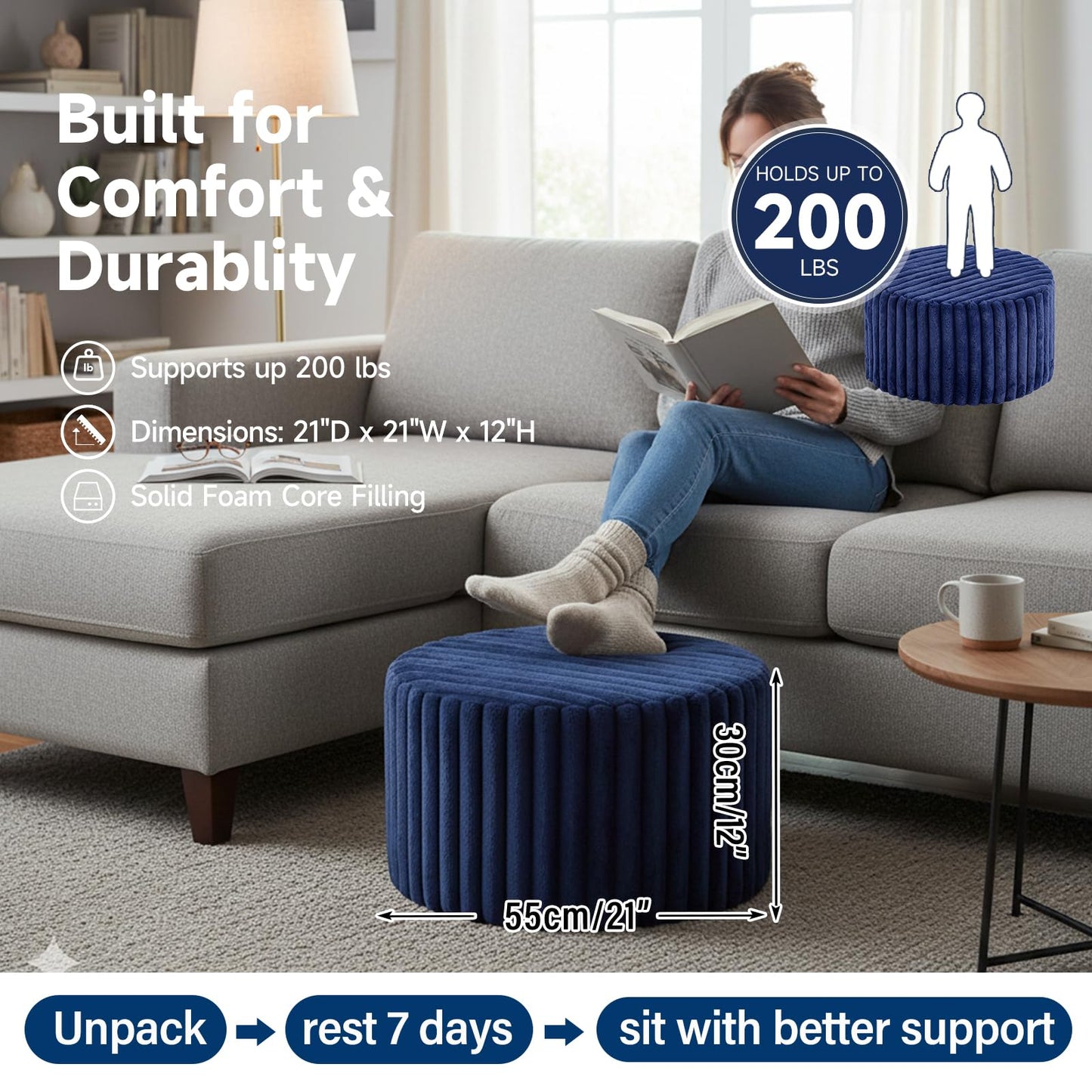 Tiita Round Stuffed Pouf Ottoman, Stripe Faux Fur Poufs with Foam Chunk Filling, Furry and Fluffy Pouf 21×21×12 inch Foot Stool Storage Ottoman,Puff Office Foot Rest for Couch Living Room, Navy Blue
