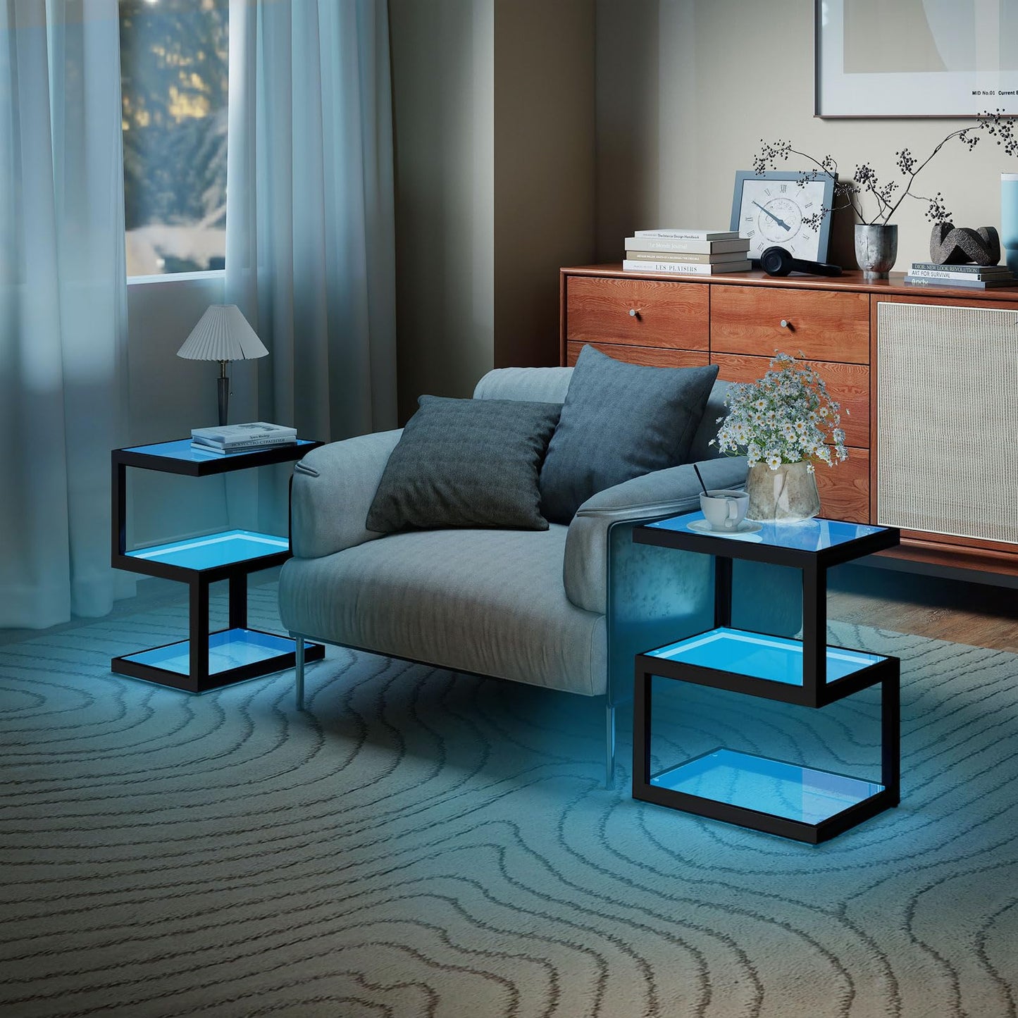 Permory Glass 3-Tier S-Shaped Side Table with LED Strip, Black End Table for Living Room & Bedroom (Rectangle)