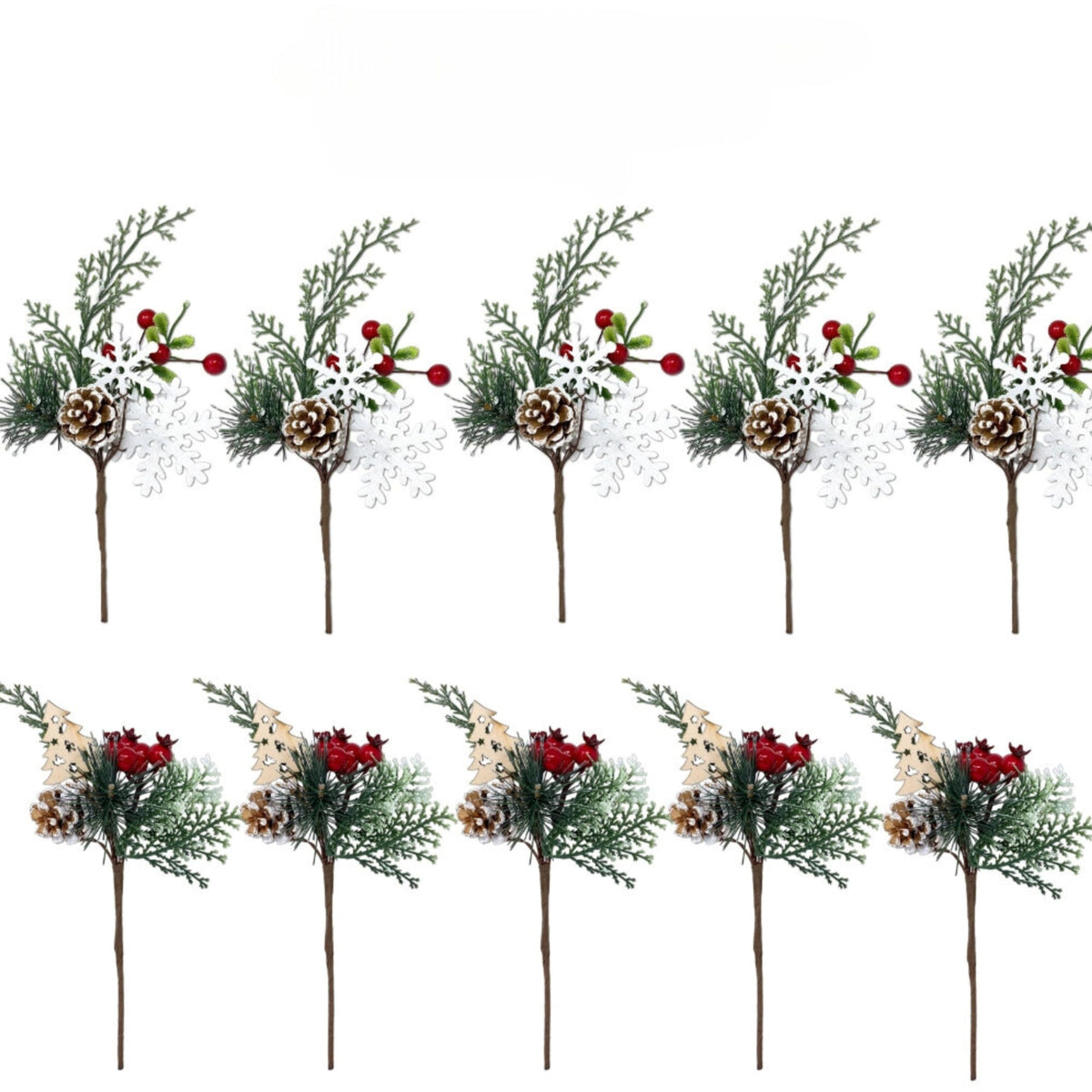Christmas Floral Picks Set of 20, Snow Tip Pinecone Red Berry Sprays, 10 Inch Holiday Greenery Stems for Wreaths, Garlands, Christmas Tree Decor, Flower Arrangements, DIY Winter Crafts, 2 Styles
