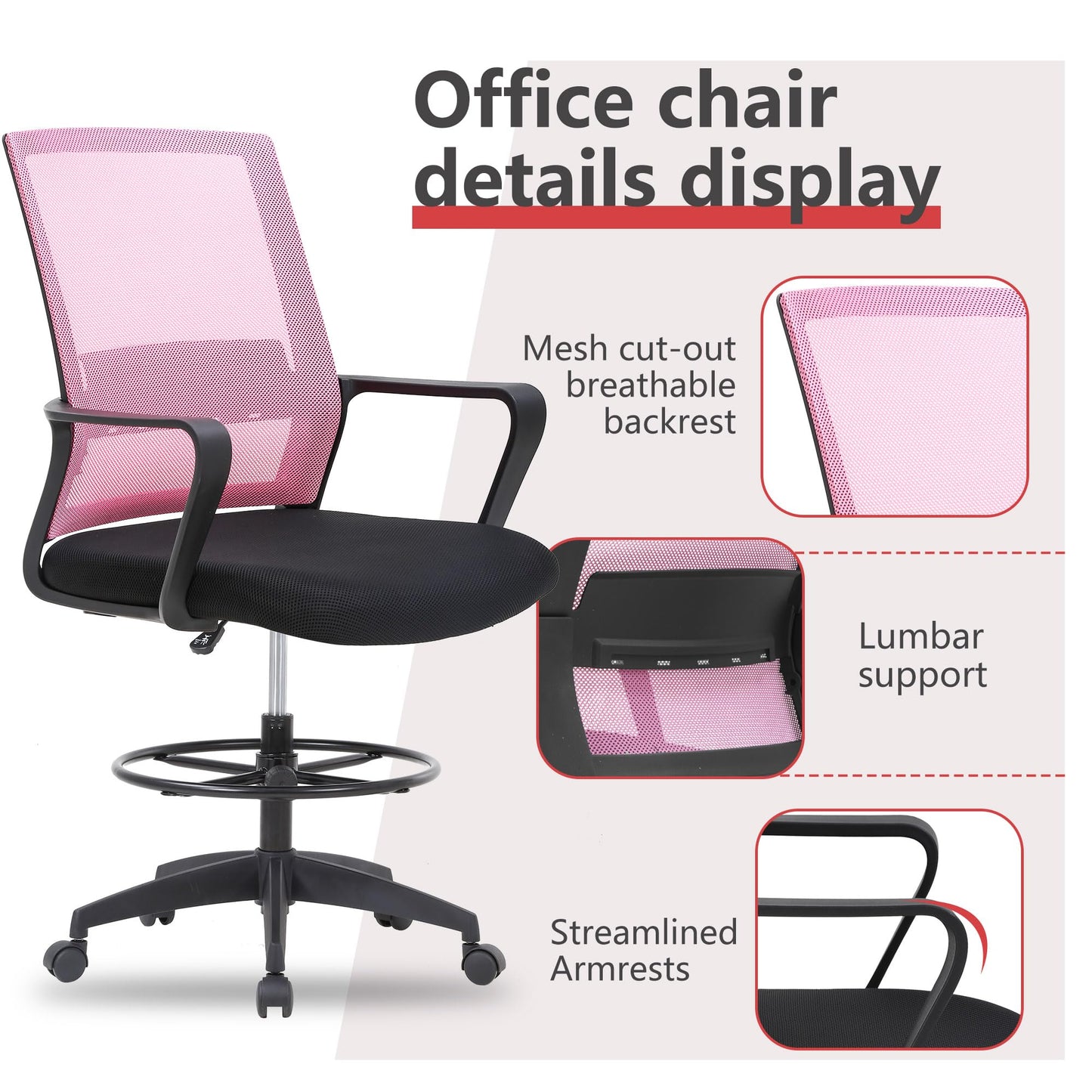 BestOffice Drafting Chair Tall Office Chair Adjustable Swivel Rolling Mesh Height with Lumbar Support Arms Footrest Mid Back for Adults Standing Desk Drafting Stool (Light Pink)