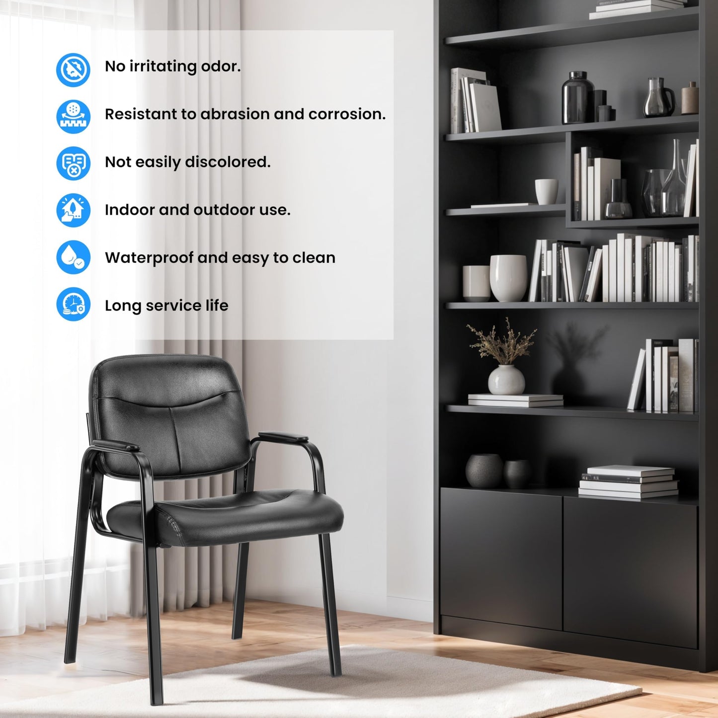 HealSmart Office Reception Guest Chair with Leather Padded Arm Rest for Waiting Room, Lobby Home Desk Table Side Chairs for Elderly, Seniors, Black