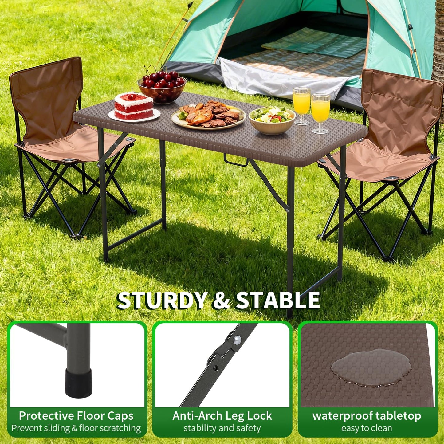BestOffice 4 FT Picnic Table Folding Table Camping Plastic Table Fold Up Table Lock for Party Event, Brown Ratten
