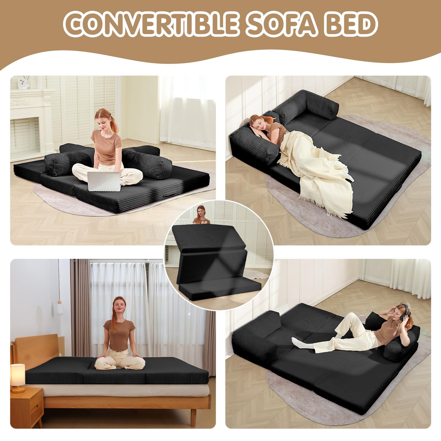 5-in-1 Convertible Sofa Bed,54" Boneless Couch Tri Folding Floor Mattress with Removable L-Shaped Armrests & Handle,Corduroy Futon Couch Sleeper with Pull Out Bed for Living Room Bedroom Apartment