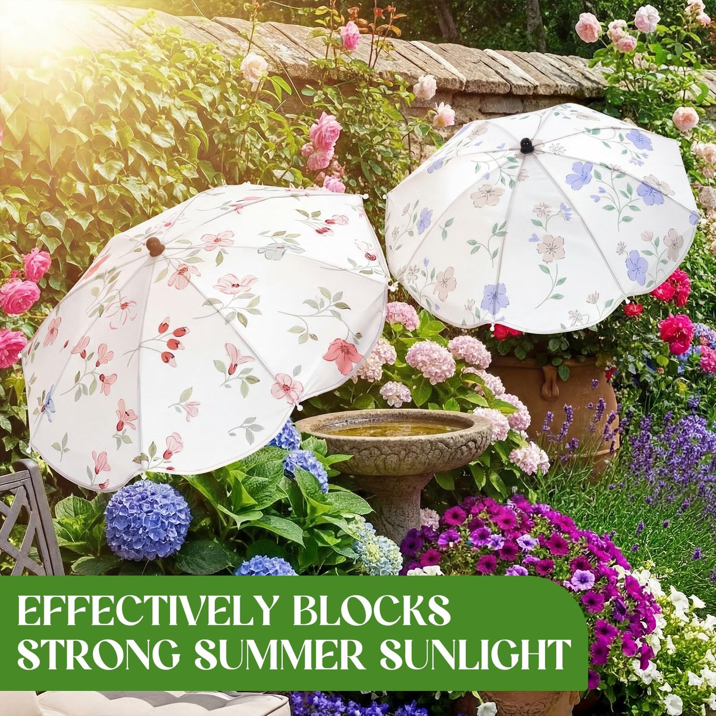 Shinylin 3 Pack Plant Umbrella for Outdoor Adjustable Sun Shade Covers 24" Sun Protection Cloth UV Umbrella for Potted Plants, Garden Beds, Patio Flowers (Curved Edge,Flower 1)