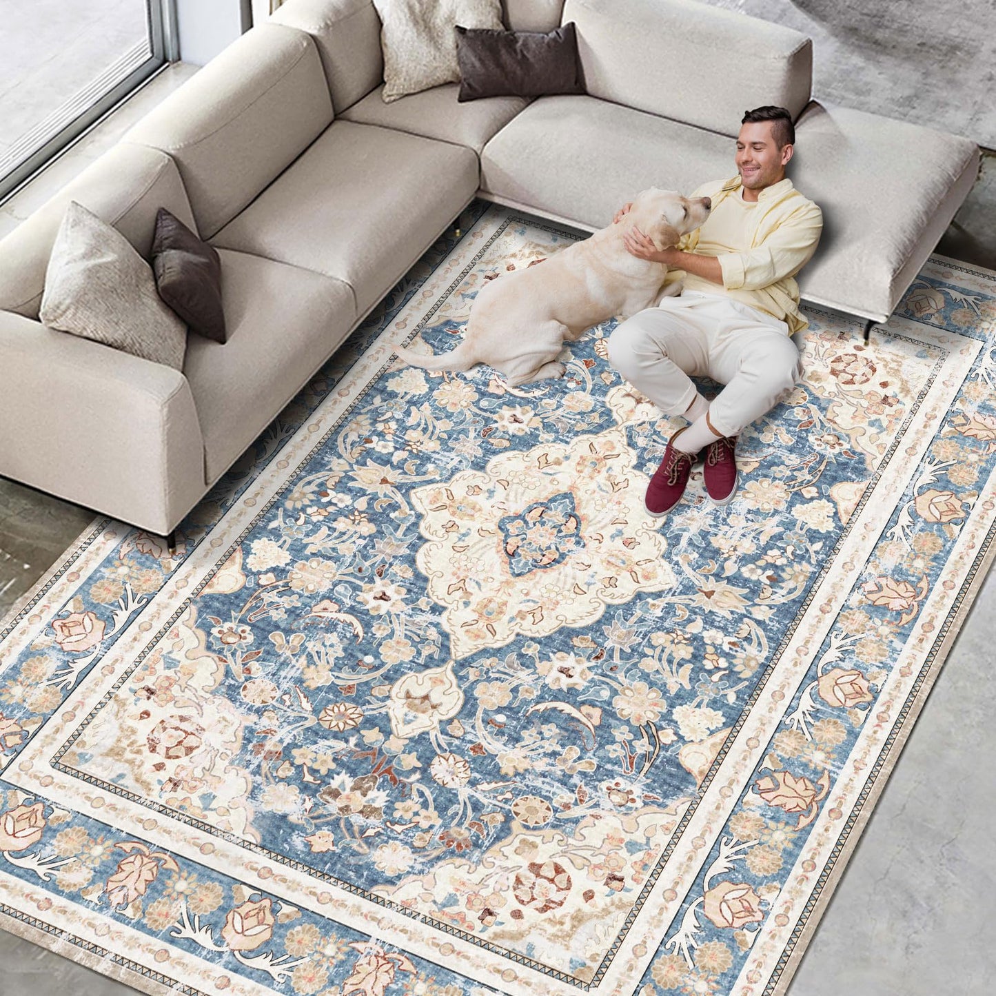 Vhong Boho Area Rugs Washable Vintage Modern Neutral Large Carpet Blue 5×7 High Traffic Rugs for Dinning Room Living Room Bedroom Farmhouse Non Slip
