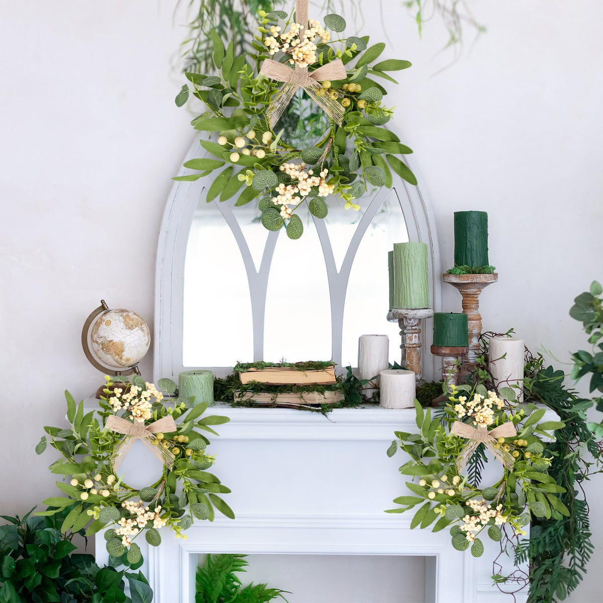 4 Pcs Green Eucalyptus Candle Rings Wreaths Spring Summer Kitchen Cabinet Wreaths Mini Green Berry Leaves Candle Wreath for Pillars Farmhouse Festival Wedding Celebrations Tabletop Decoration