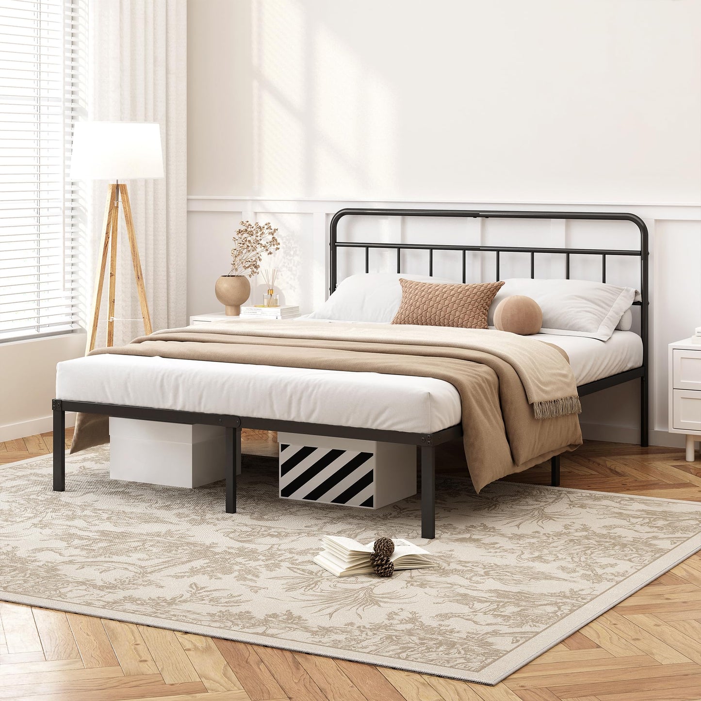 Kujielan 12 inches Queen Size Bed Frame with Minimalist headboard,Metal Platform Base with Strong Metal Slats,Mattress Foundation for Under Bed Storage,Easy Assembly,Black