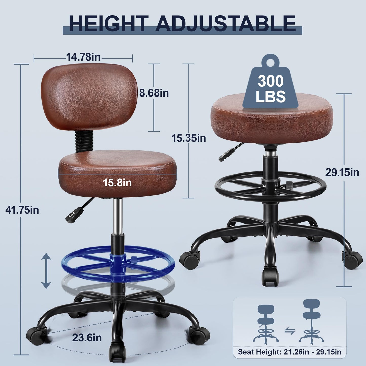 Brick Attic Drafting Chair with Backrest – Adjustable Foot Rest Rolling Stool with Wheels, PU Leather Swivel Stool for Office Spa Studio Lab Counter Salon Home Work Bar Kitchen Shop(Ember Brown)