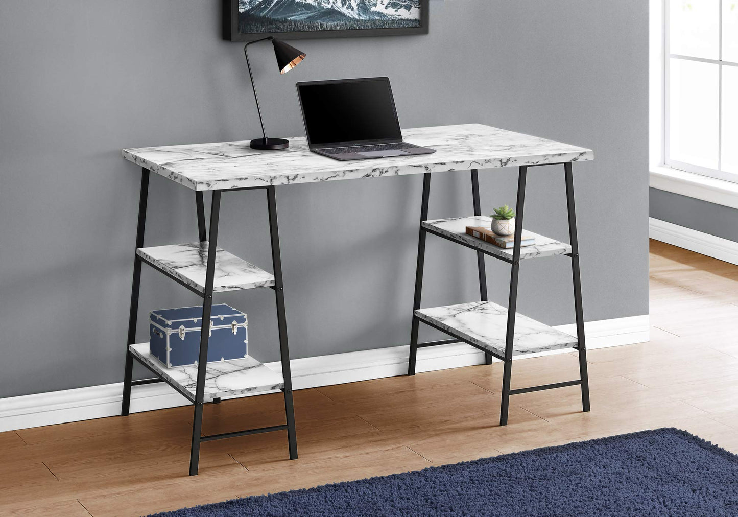 Monarch Specialties I 7527 Computer Desk, Home Office, Laptop, Storage Shelves, 48" L, Work, Metal, Laminate, White Marble Look, Black, Contemporary, Modern