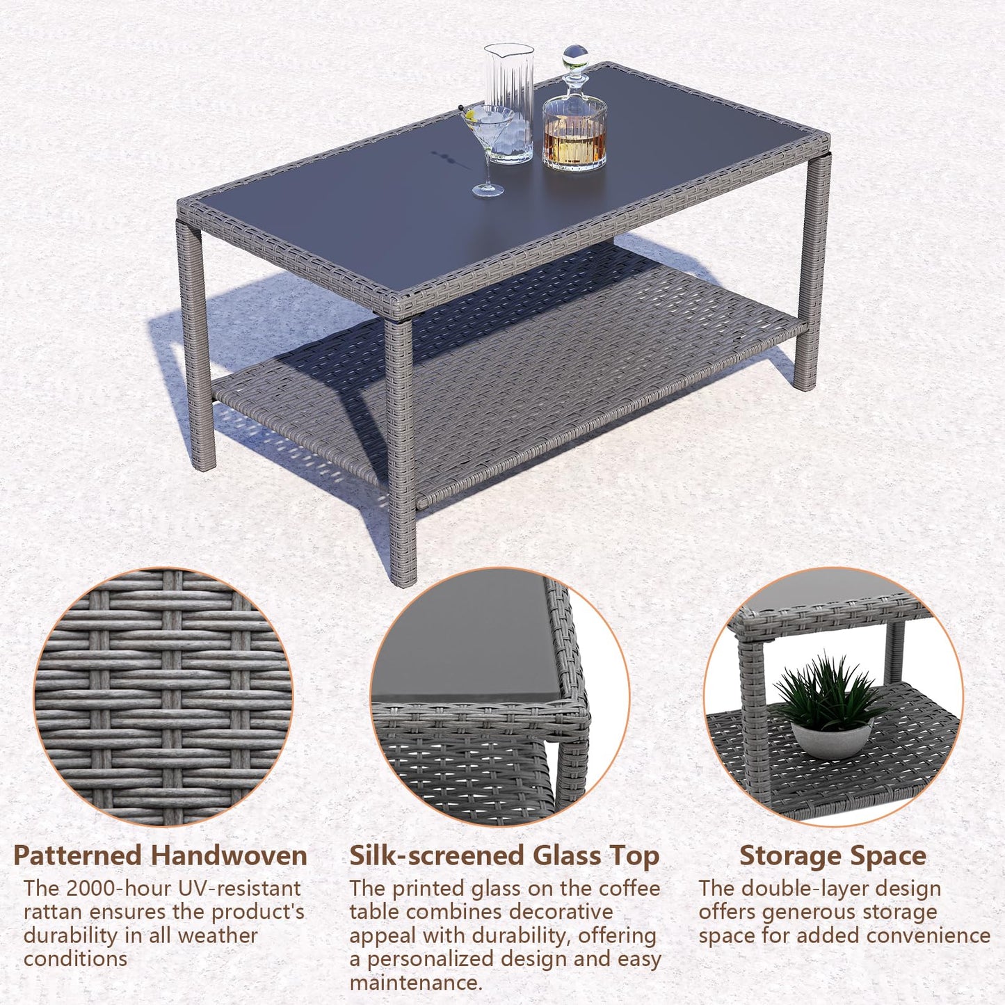 C-Hopetree Small Outdoor Coffee Side End Table for Outside Patio Storage, Gray All Weather Wicker with Glass Top, Rectangle