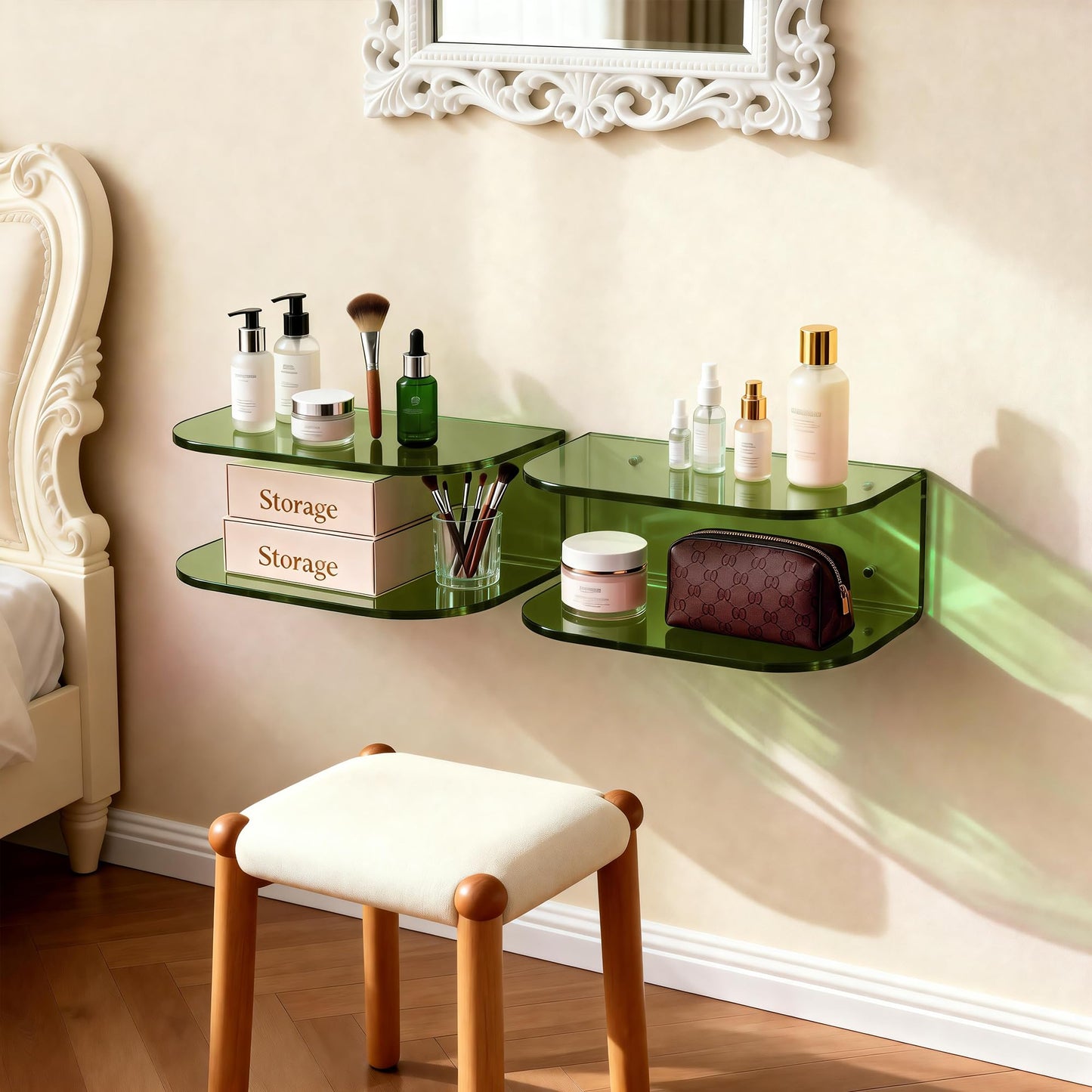 Dewrhiixe Acrylic Floating Nightstand, Wall Mounted Bedside Table Shelf (Green, 15.7”×9.4“×5.9”)