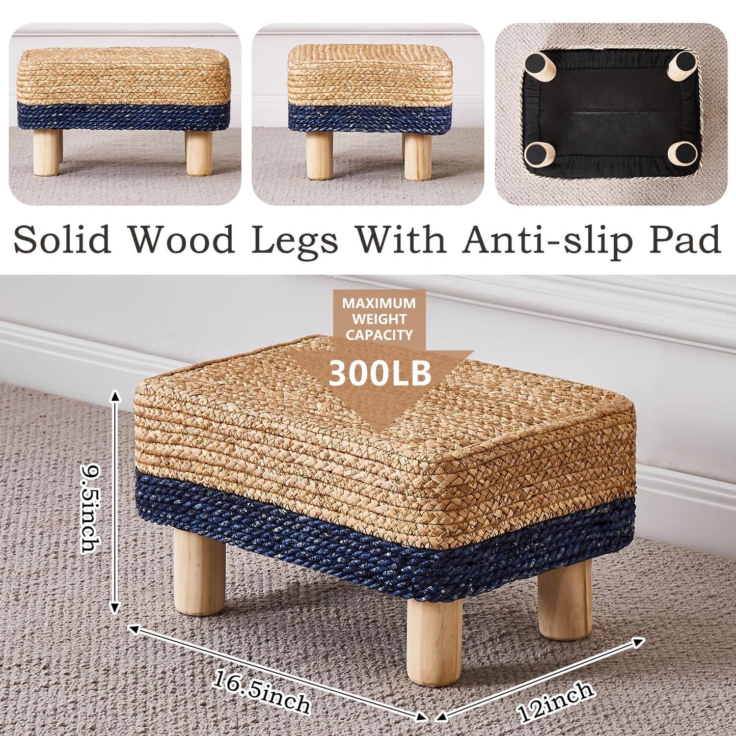 Wimarsbon Natural Seagrass Footstool Ottoman Rectangular Footrest Pouf Ottomans with Wooden Legs Hand Weave Step Stool for Living Room Bedroom Entryway Blue