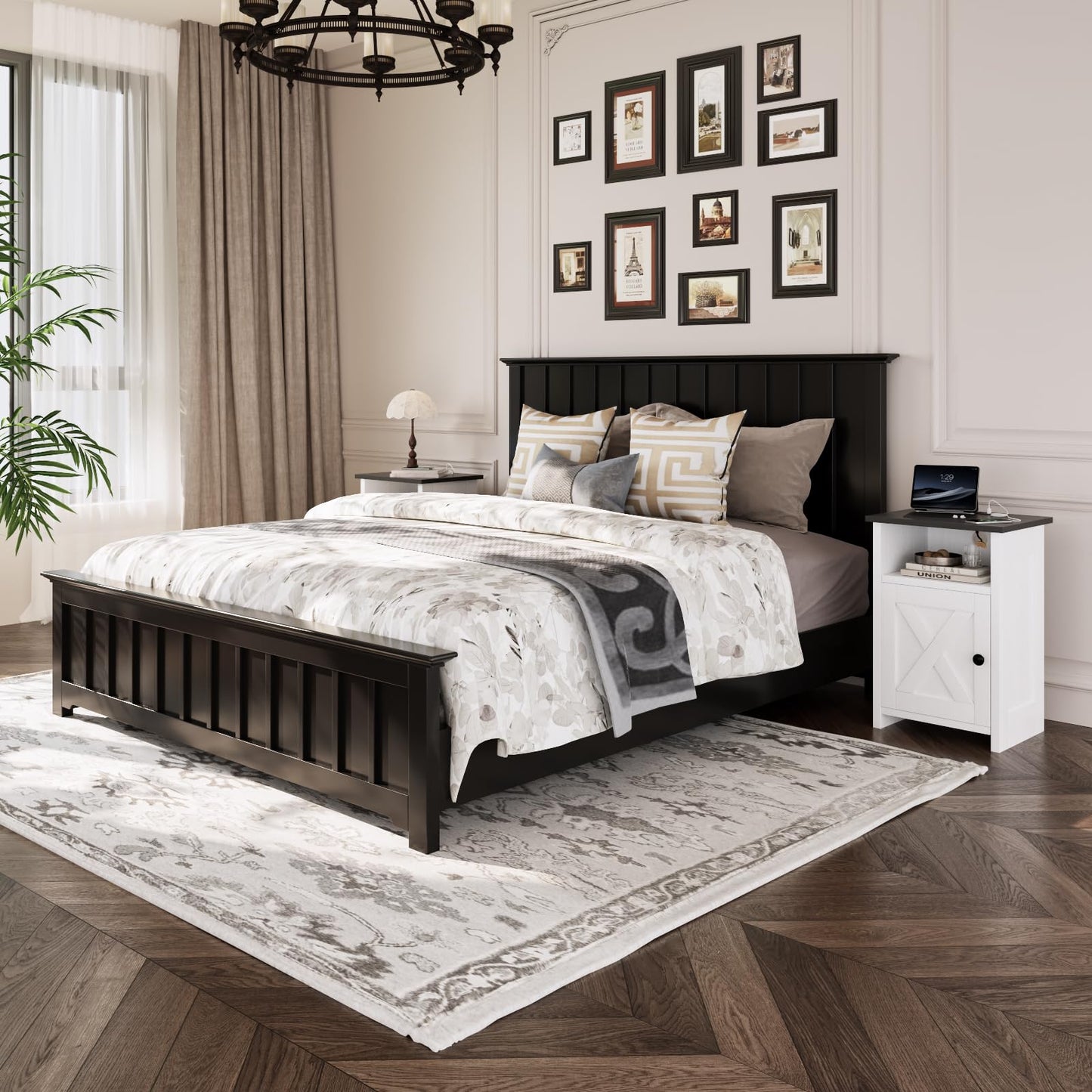 AURINEST Farmhouse End Table Set of 2 w/Charging Station, Nightstands w/Barn Door&Storage Shelf, Rustic Bedside Table for Living Room, Bedroom, Entryway, Office, Small Spaces, White