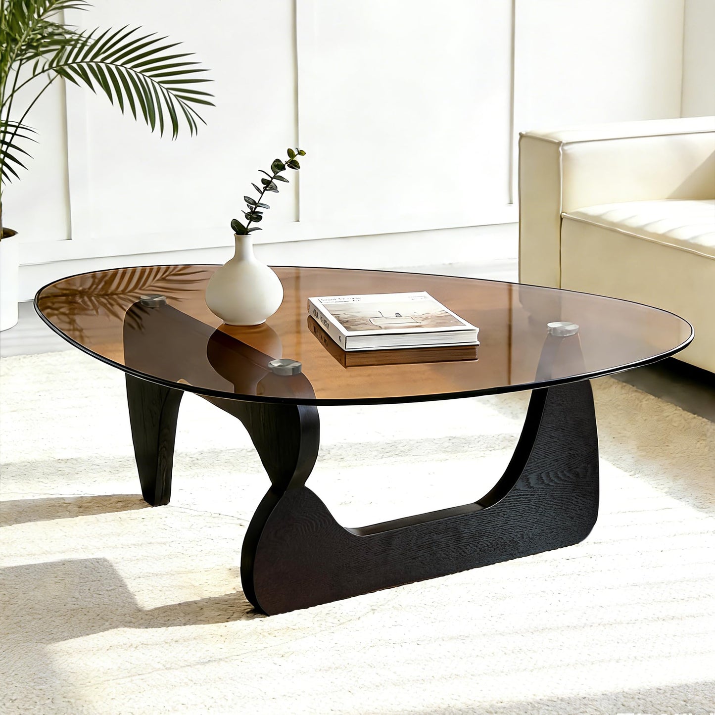 Small Coffee Table, Mid Century Modern Black Coffee Table for Living Room, Abstract Center Tables with Brown Tempered Glass Top, Minimalist Tea Cocktail Tables, Easy Assembly