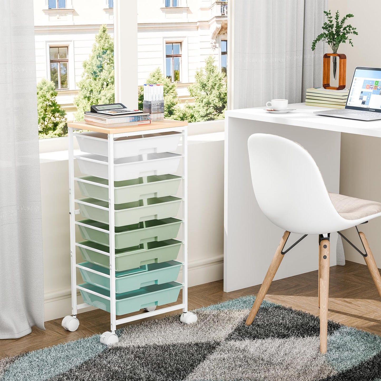 Ekisemio Rolling Cart with 8 Drawers, Storage Drawers Cart with Wooden Tabletop and Lockable Wheels, Utility Cart for Living Room, Office, Classroom, Craft Room, Green
