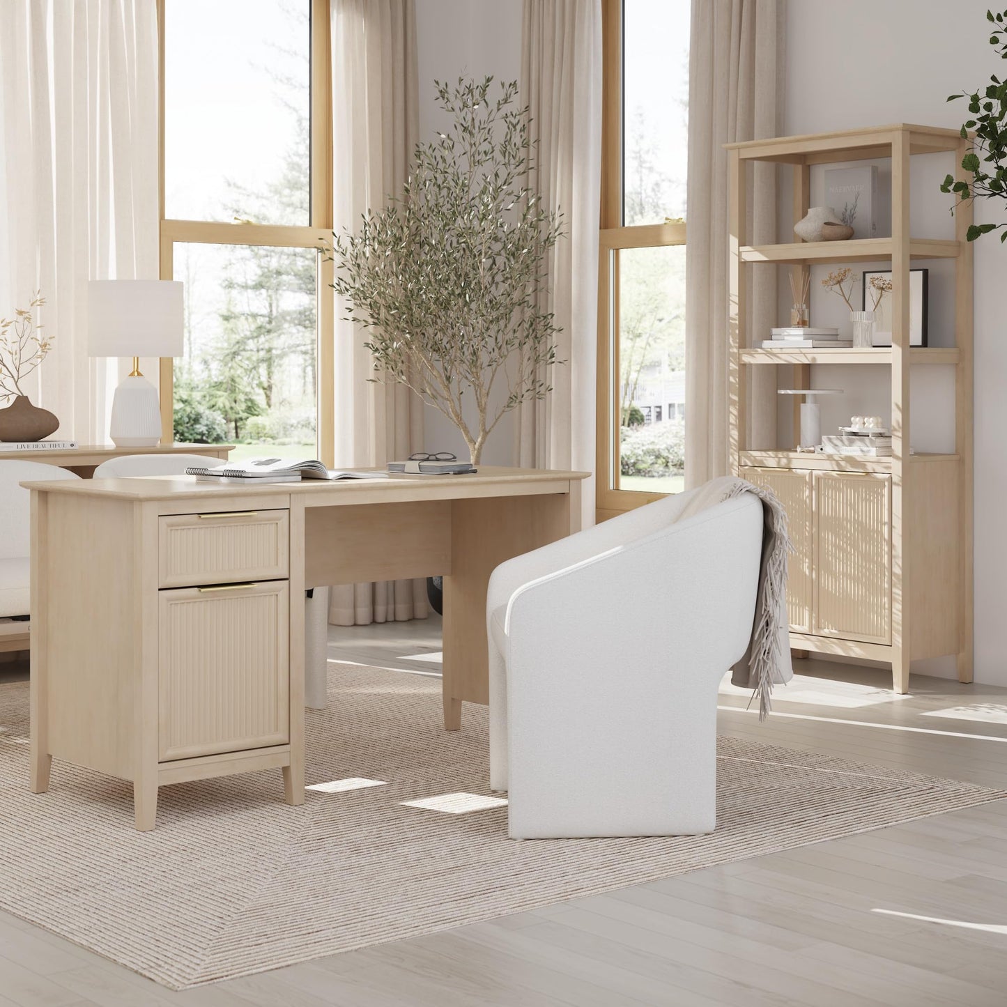 Bush Home 54-Inch Writing Desk with Storage, Fluted Computer Study Laptop Table Workstation with Spacious Drawer and Door Storage, Home Office Furniture, Make Up Vanity, Camille Collection, Onyx Birch