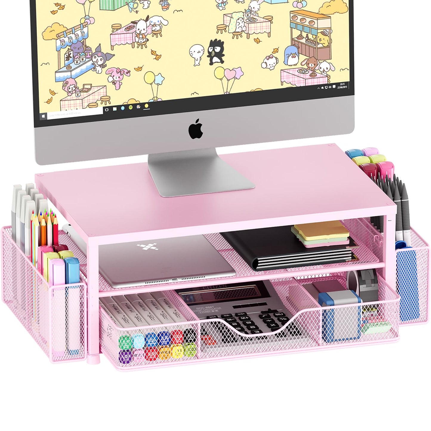 OPNICE Desk Organizers and Accessories, 2-Tier Computer Monitor Stand Riser with Drawer and 2 Pen Holders, Laptop Stand, Office Desk Accessories & Office Decor for Women, Pink