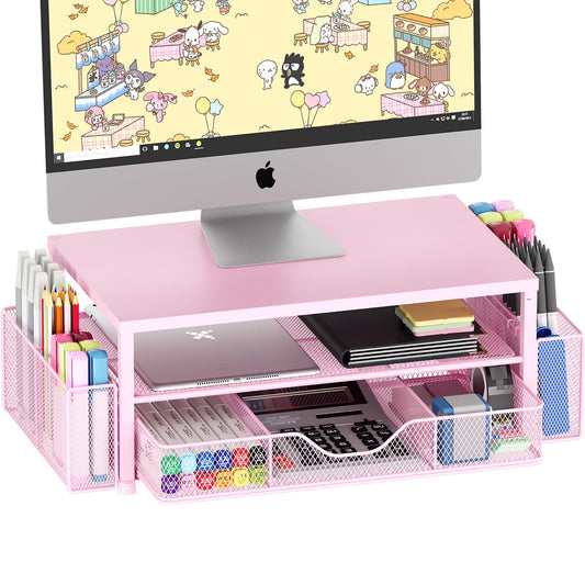 OPNICE Desk Organizers and Accessories, 2-Tier Computer Monitor Stand Riser with Drawer and 2 Pen Holders, Laptop Stand, Office Desk Accessories & Office Decor for Women, Pink