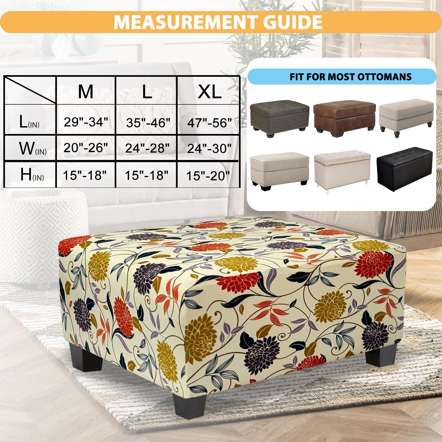 TOPHMDECOR Ottoman Cover Rectangle Printed,Stretch Footstool Slipcover with Elastic Bottom,Soft Fabric Protector for Rectangular Ottoman in Living Room or Bedroom,Medium,Flower B