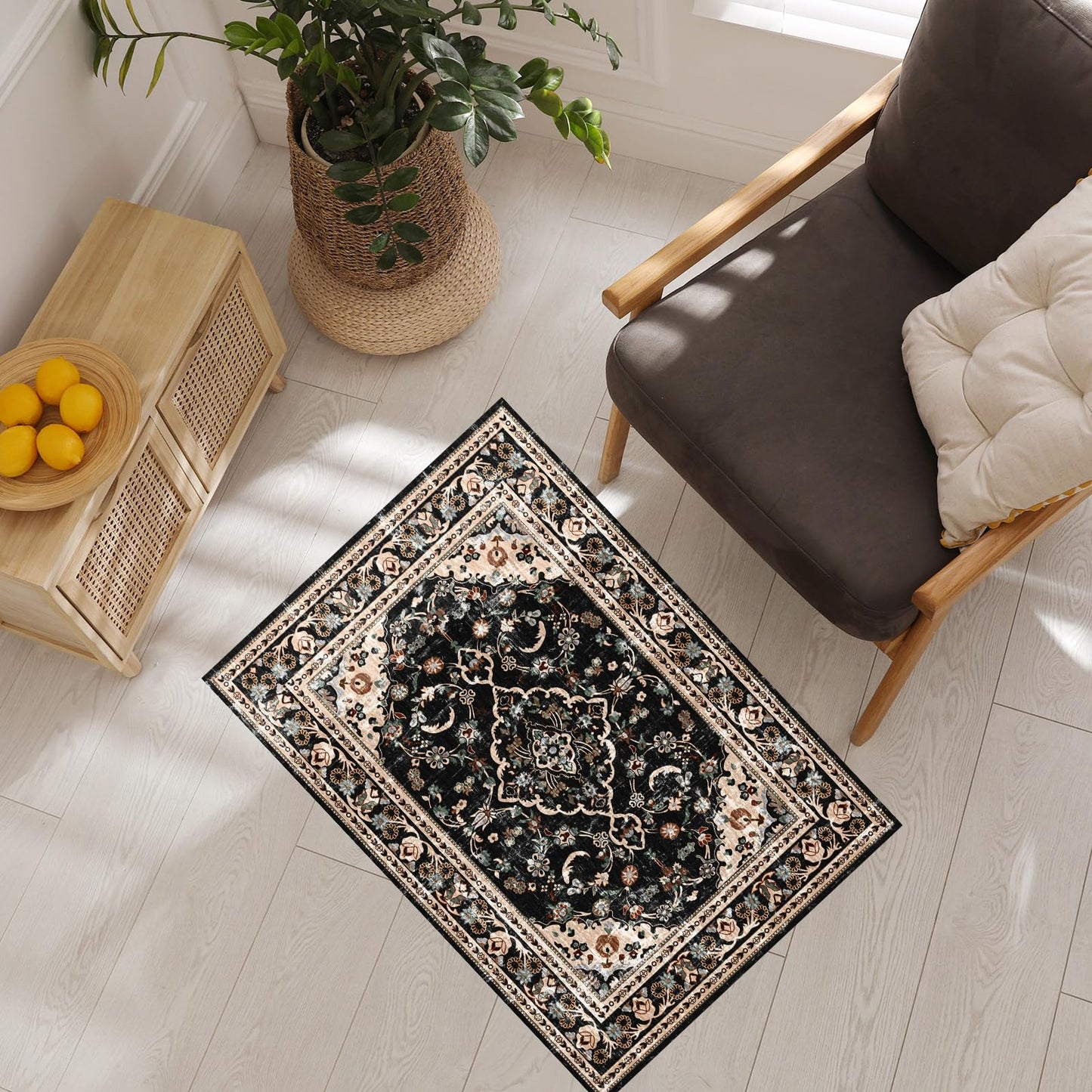 Vhong 2×3 Black and Brown Washable Area Rugs Boho Vintage Modern Neutral Small Carpet Low Pile Doormat High Traffic Rugs for Bathroom Kitchen Entryway Non Slip