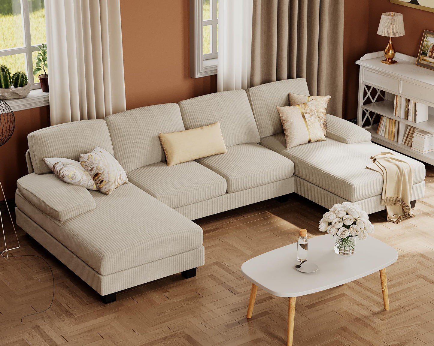 Furmax Sectional Couches for Living Room, U-Shaped Sofa Couch with Linen Fabric, 4 Seat Sofa Set with Double Chaise for Apartment (Corduroy, Beige)