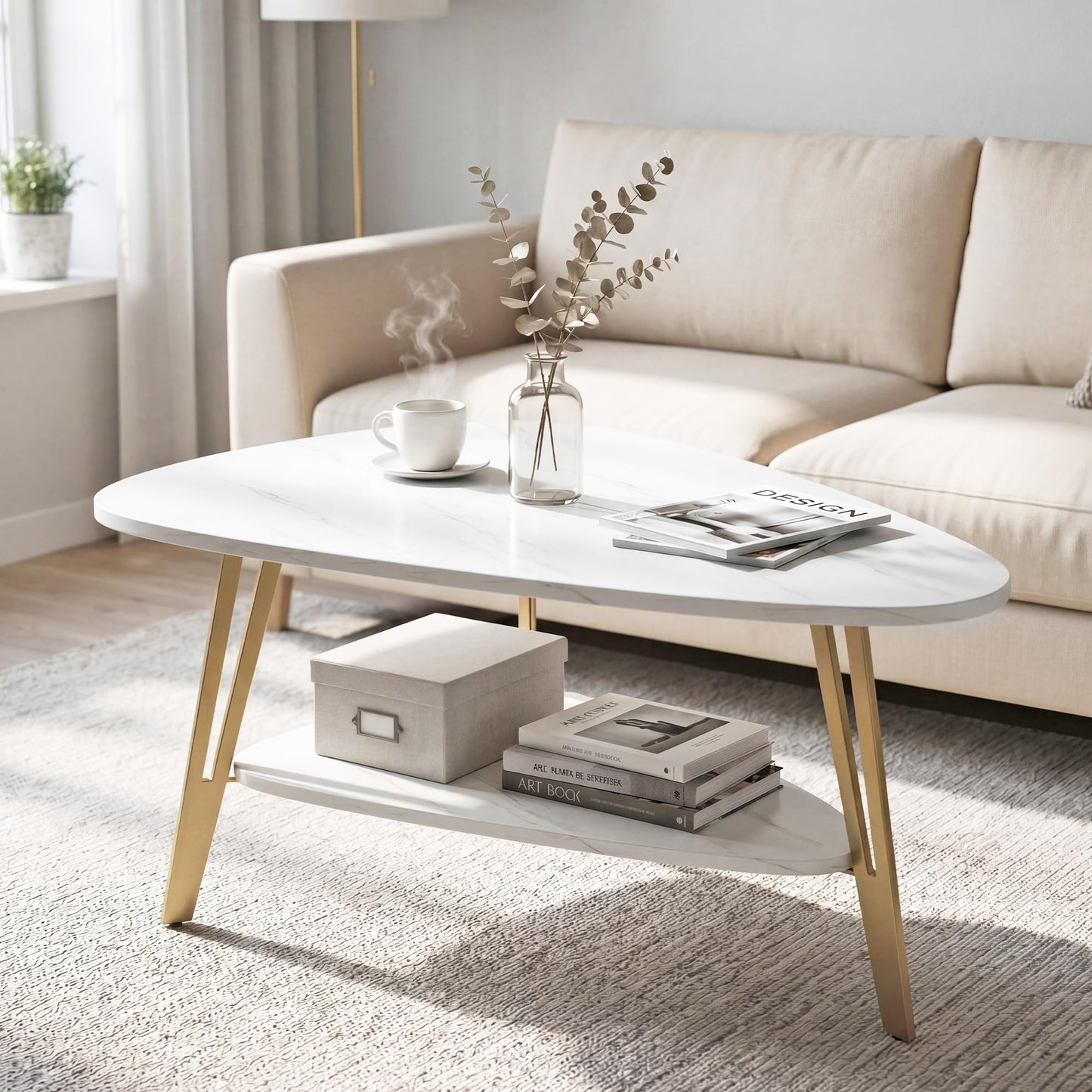 MWOOD Triangle Coffee Table, 33.5″‌ Mordern Center Table with Marble-Patterned Top&Golden Leg, Extra Storage Shelf for Living Room, Apartment(White&Gold)