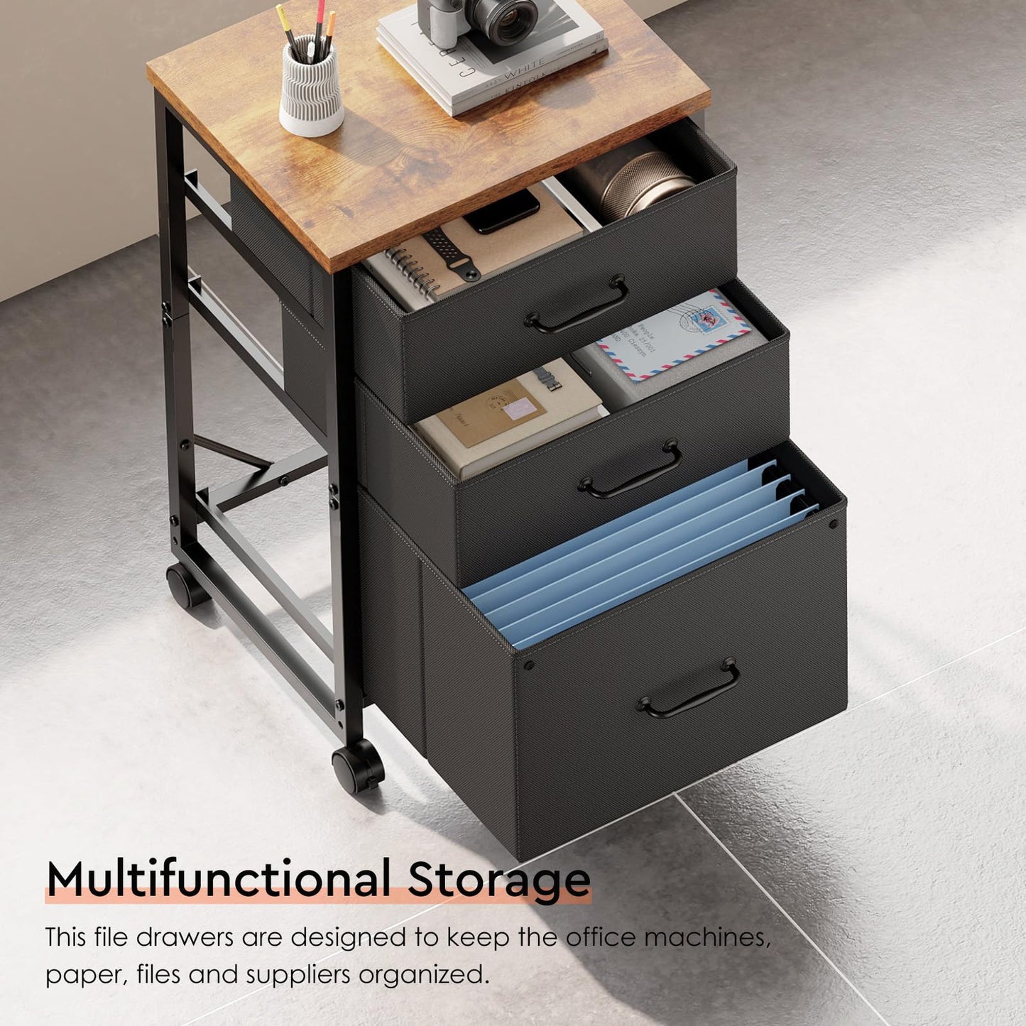 Maihail 3 Drawer Mobile File Cabinet with Wheels Fabric Vertical Filing Cabinet fits A4 or Letter Size for Home Office,Rustic Brown