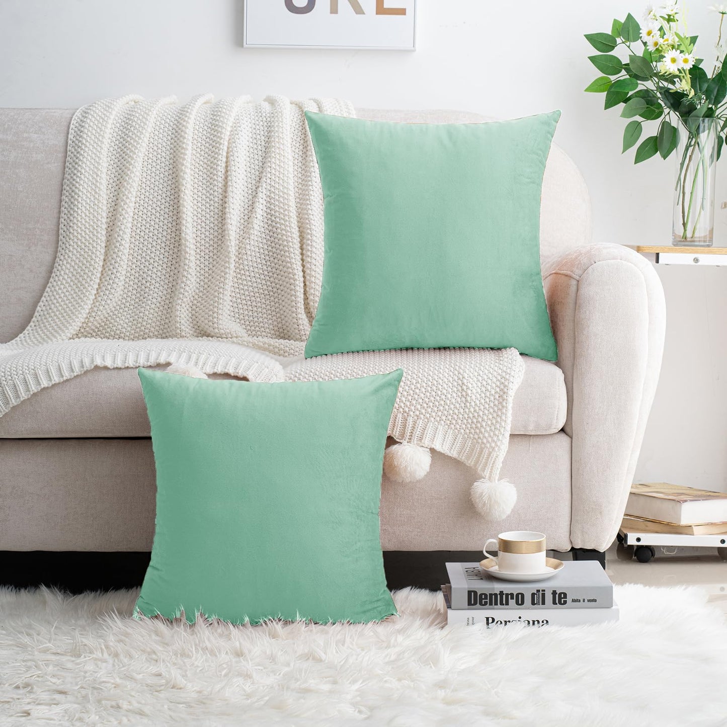 HWY 50 Aqua Green Velvet Throw Pillow Covers 18x18 Inch, Pack of 2 Soft Cozy Solid Decorative Luxury Cushion Cases for Couch Sofa Bed Living Room Bedroom