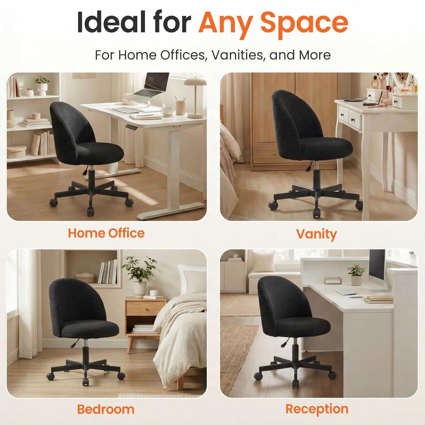 NEO CHAIR Office Vanity Chair with Wheels Comfy Desk Chair for Girls Cute Computer Small Armless Adjustable Height Swivel for Home Bedroom Task (Black)