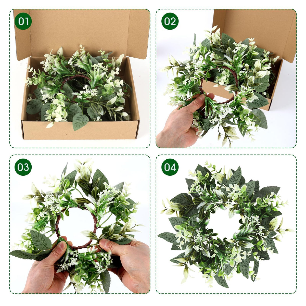 4 Pcs Eucalyptus Candle Ring 4 Inch Center Mini Kitchen Cabinet Wreaths Artificial Small Green Leaves Wreaths Garland Pillar Holder for Home Door Window Farmhouse Wedding Party Table Centerpiece Decor