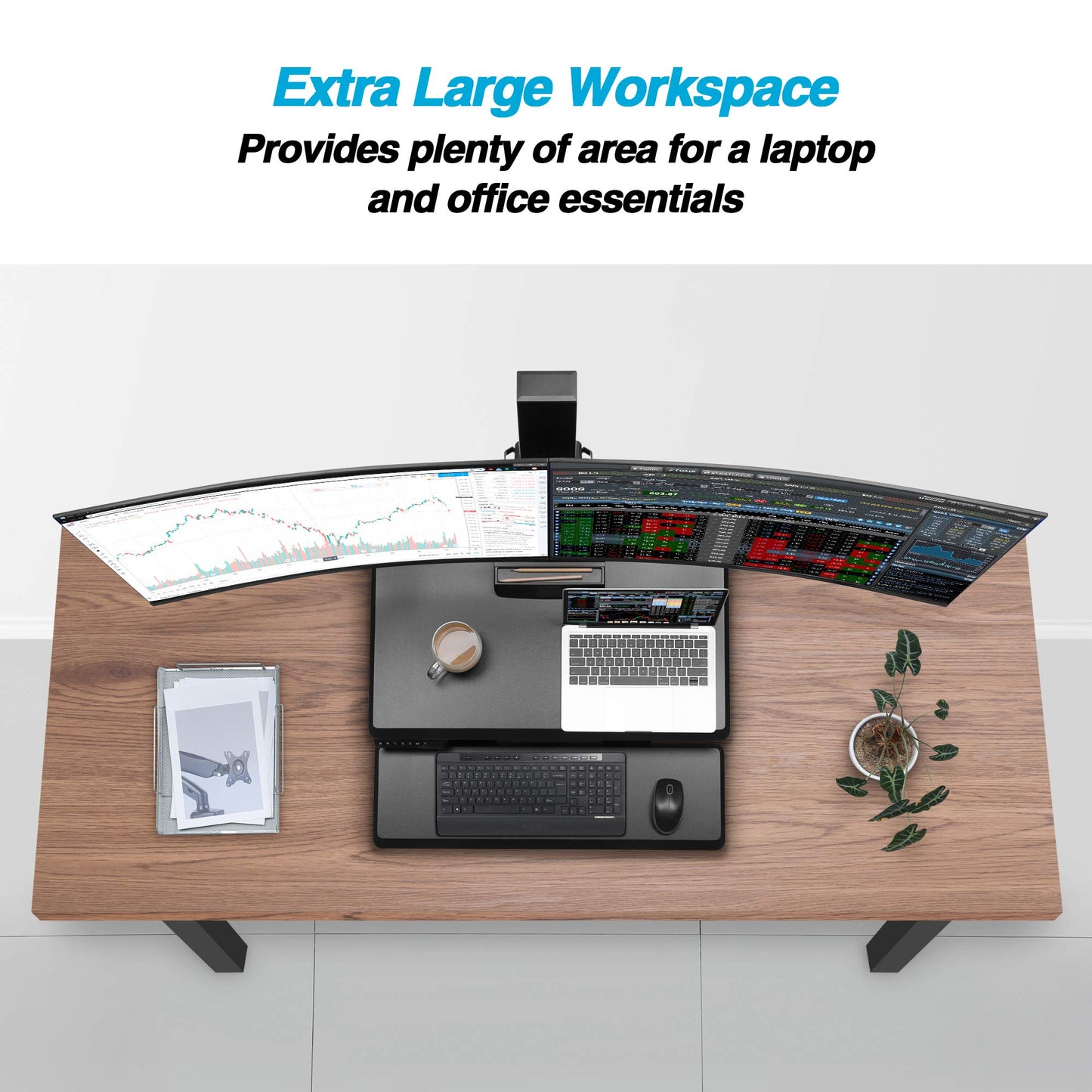 AVLT Electric Standing Desk Converter for Dual 32" Monitors, Motorized Sit to Stand Riser with 28"x16" Tabletop, Large Keyboard Tray, Height Adjustable, Sturdy Base, Small Footprint