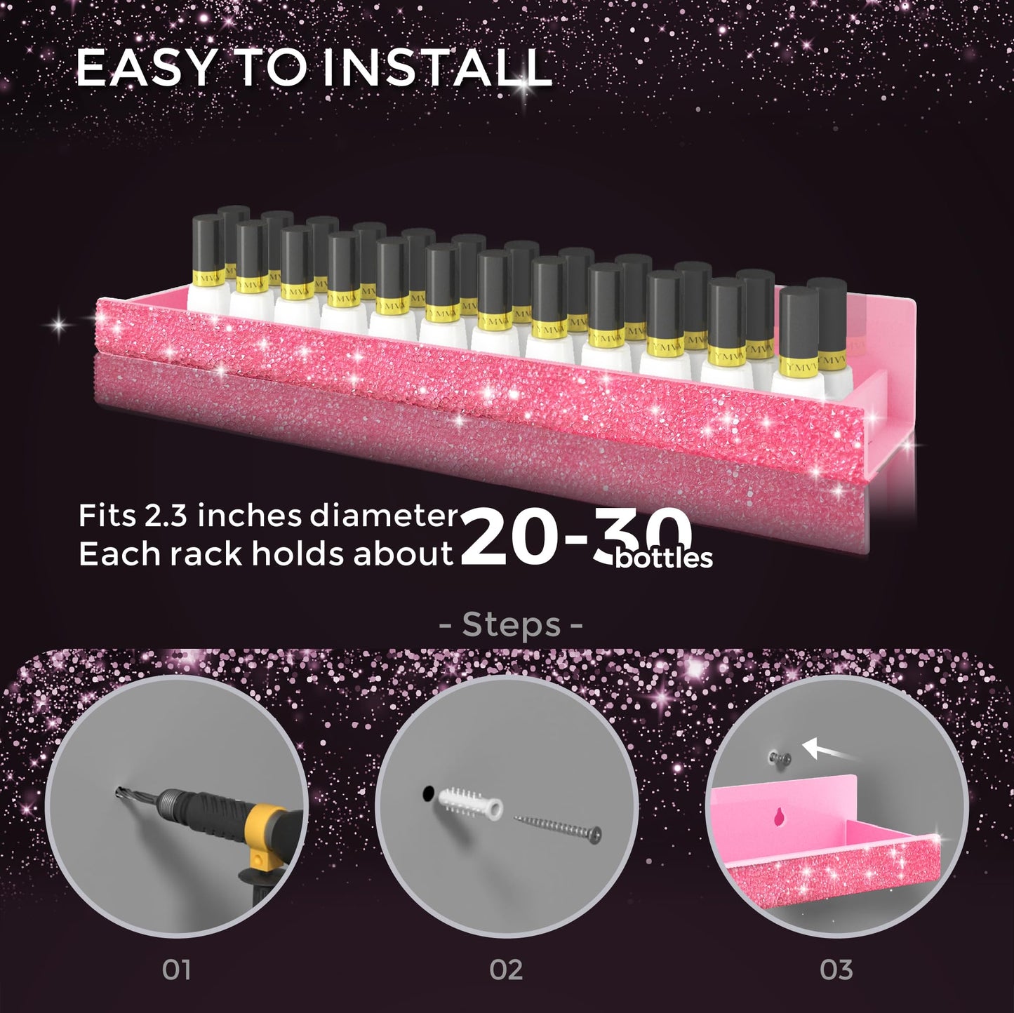 4 Pack 15 Inch Nail Polish Organizer，Diamond Crystal Rhinestone Acrylic Nail Polish Organizer，Sunglasses Essential Oil Picture Display Storage Pink