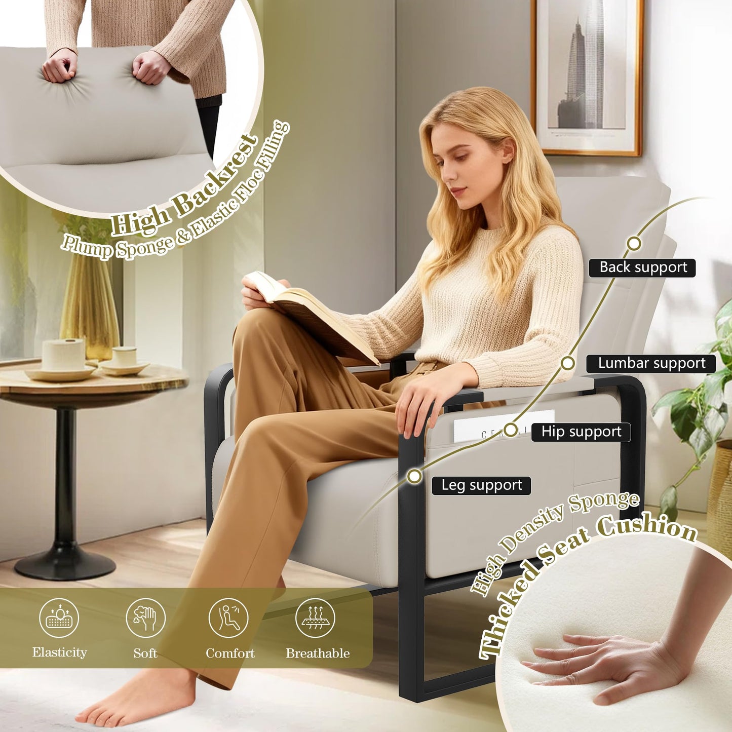 Apeaka Modern Accent Chair PU Leather Upholstered Armchair with Tray Table for Bedroom Living Room Chairs Office Chair Beige