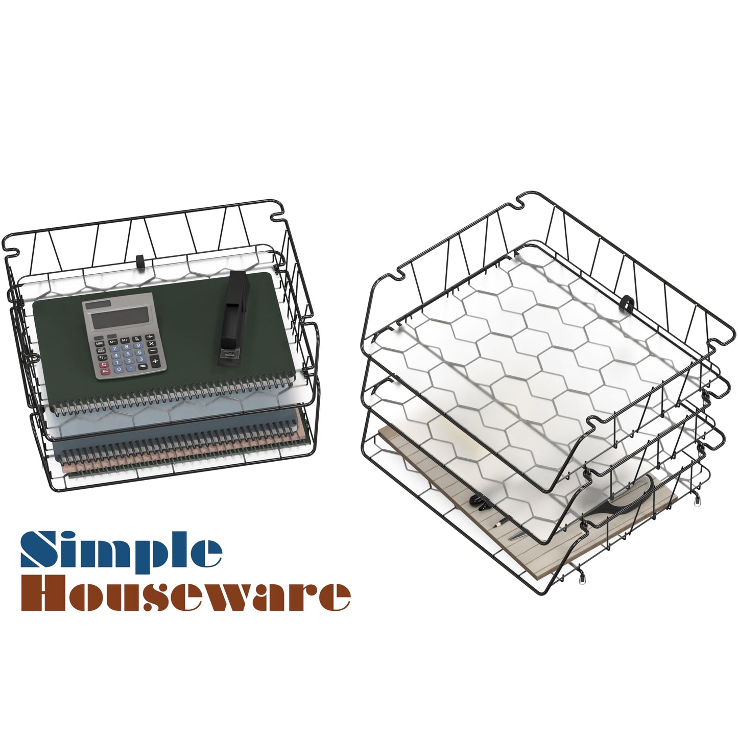Simple Houseware Stackable Wide Entry Desk File Document Letter Tray with Liner, Wire Grid, 3 Packs, Black