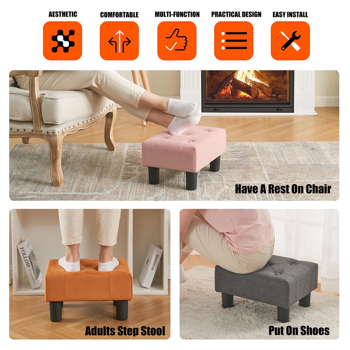 BRIAN & DANY Small Foot Stool, Velvet Foot Stools with Legs, Stable Small Footstool for Living Room, Black