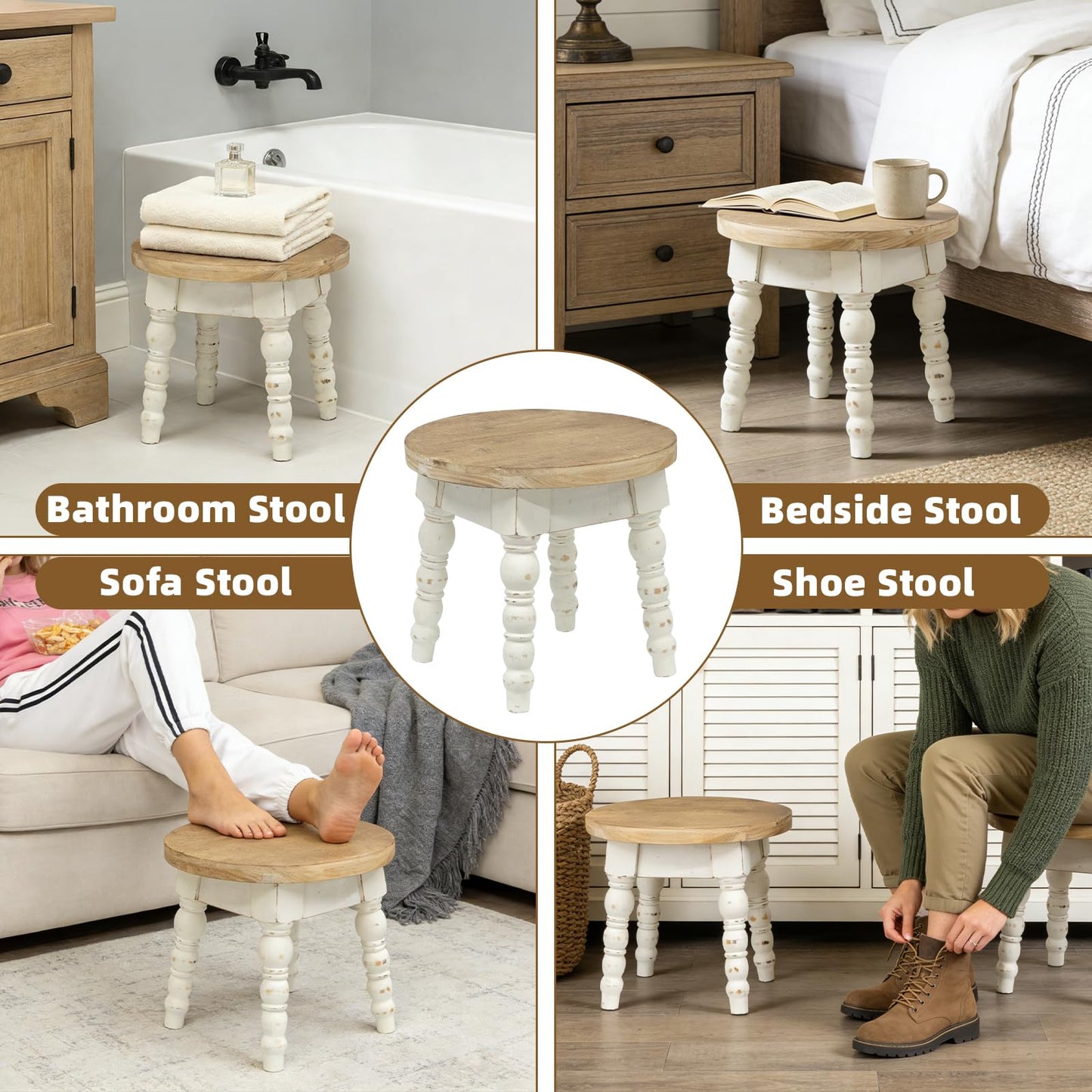 JUMBO DECOR Wooden Step Stool for Kids Adults, Farmhouse Step Stool or Plant Stand Indoor, Portable and Sturdy Versatile Foot Stools for Bathroom, Bedroom, Office, Kitchen, Plant Stand (Round)