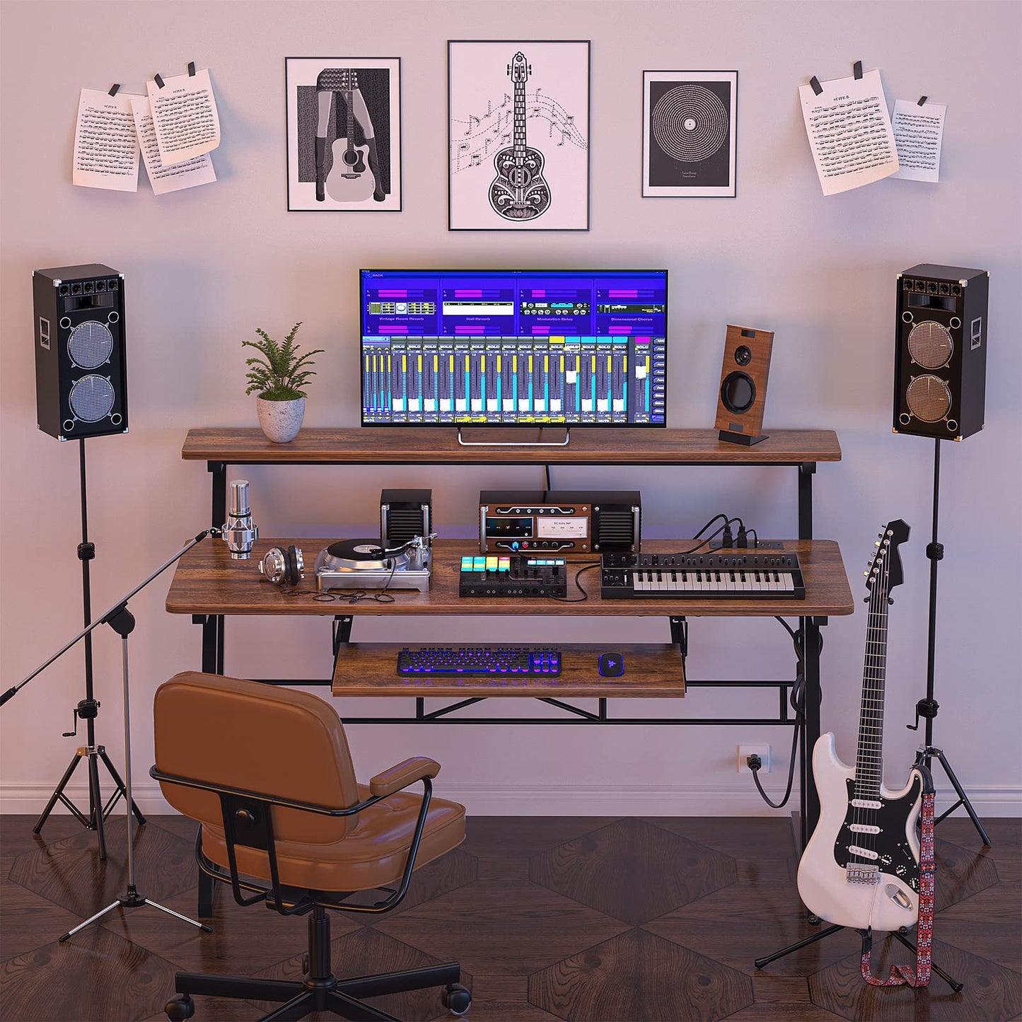 Armocity Music Studio Desk Production Workstation - 47" Recording Studio Desks for Producer with Power Outlet, Studio Workstation for Music Recording, Home Studio Table Desk, Rustic Brown