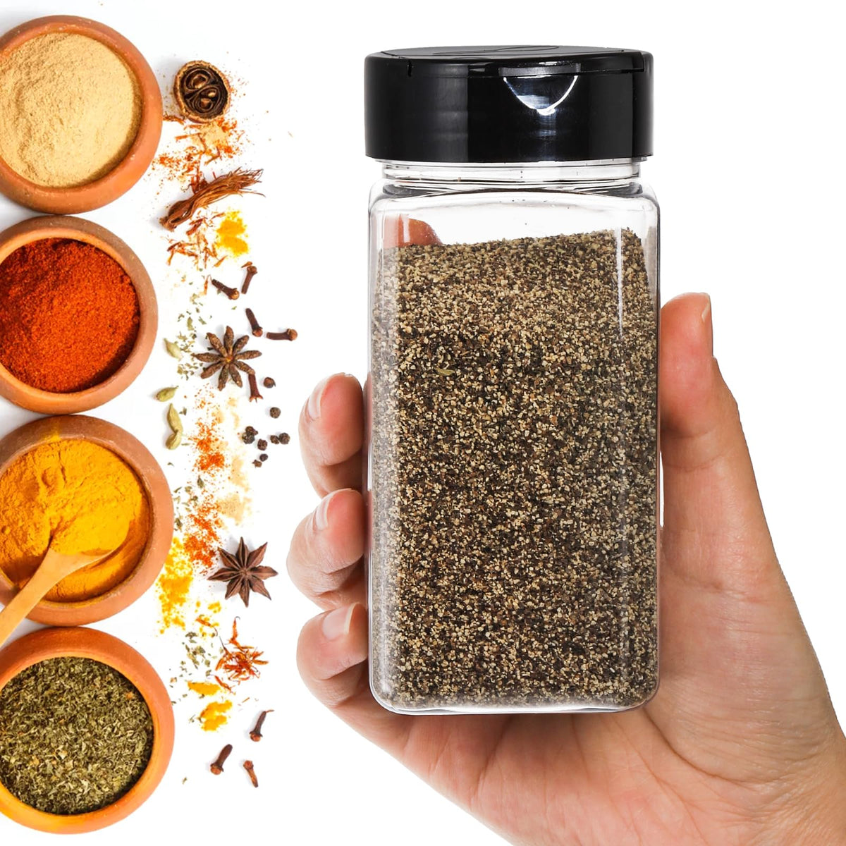 Bekith 16 Pack 9 oz Plastic Spice Jars with Black Cap, Plastic Spice Bottles Empty Seasoning Containers for Storing Spice, Herbs and Powders