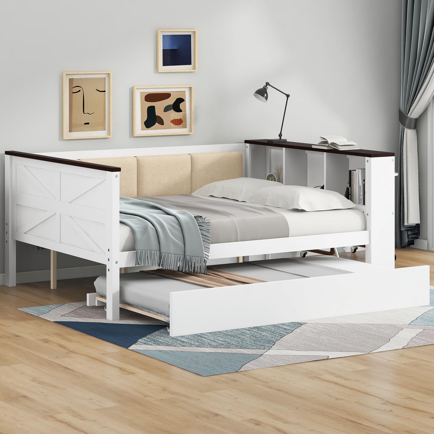 GVCXZBSS Full Size Wood Daybed with Storage Shelves, Upholstered Backrest,USB and Trundle, White