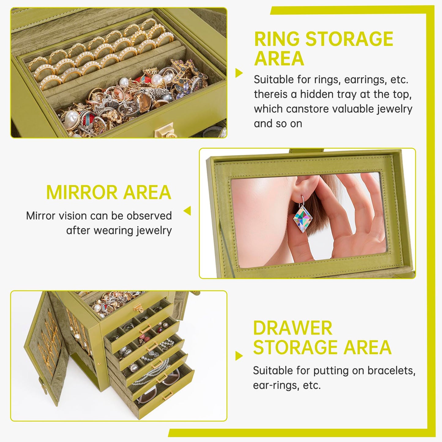 AKOZLIN 6-Tier Jewelry Box Organizer Functional 5 Drawers Leather Jewelry Storage Case for Women Girls Ring Necklace Earring Bracelet Holder Organizer with Mirror Medium Green