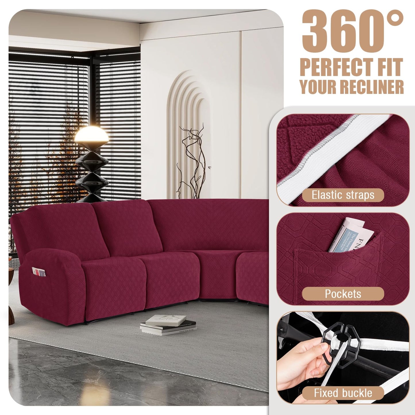 VANSOFY Extra Large Reclining Sectional Couch Covers, Washable 5-Piece Sofa Covers for L Shape Sectional Sofa Corner Seater, Thick, Soft Sofa Slipcovers (5 Seat Recliner Cover, Burgundy)