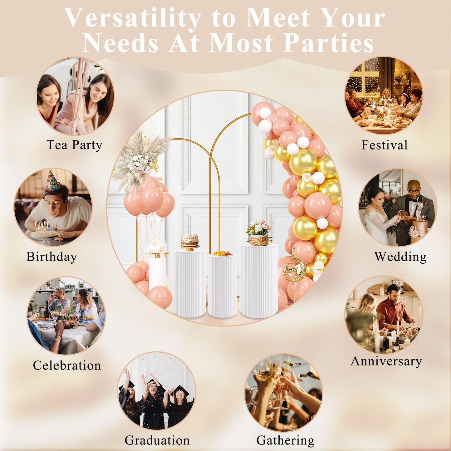 JALANCY Metal Pleated Cylinder Pedestal Stands for Party, 3 Pieces Heavy Duty Round Cake Pedestal Stand Display Plinth Pillars Art Decor for Wedding Ceremony Birthday Party（Small, White）