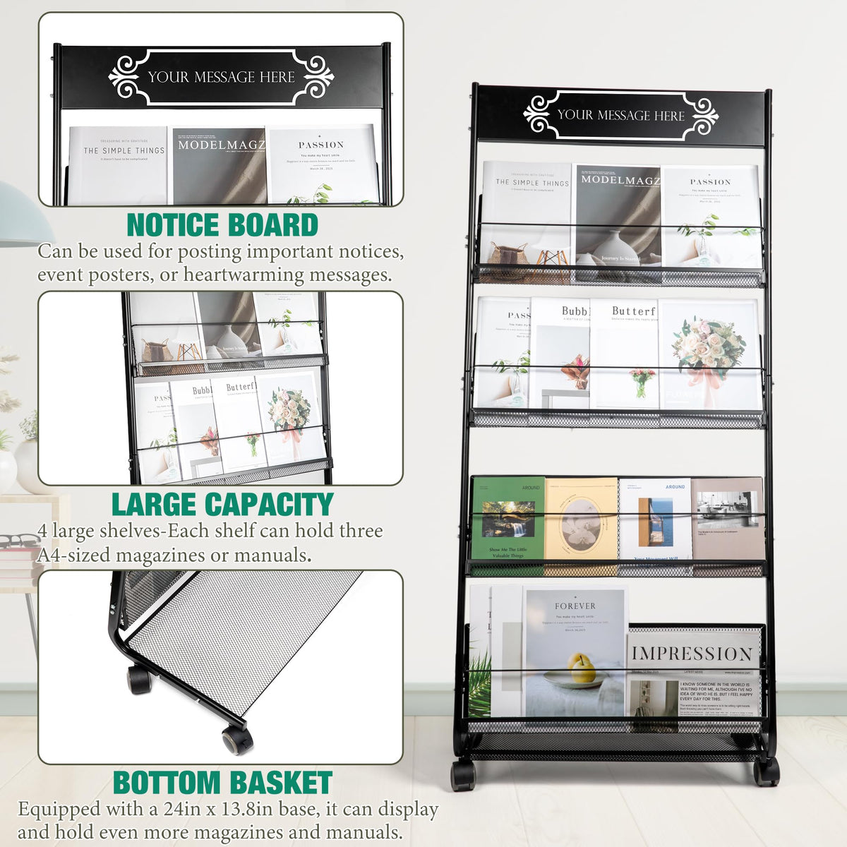 KIZECK Floor Magazine Rack Brochure Display Stand 4-Layer With Wheels And Top Billboard, Newspaper Magazine Holder High-Hardness For Office Exhibitions, Black (57.5''*25''*13.2'')