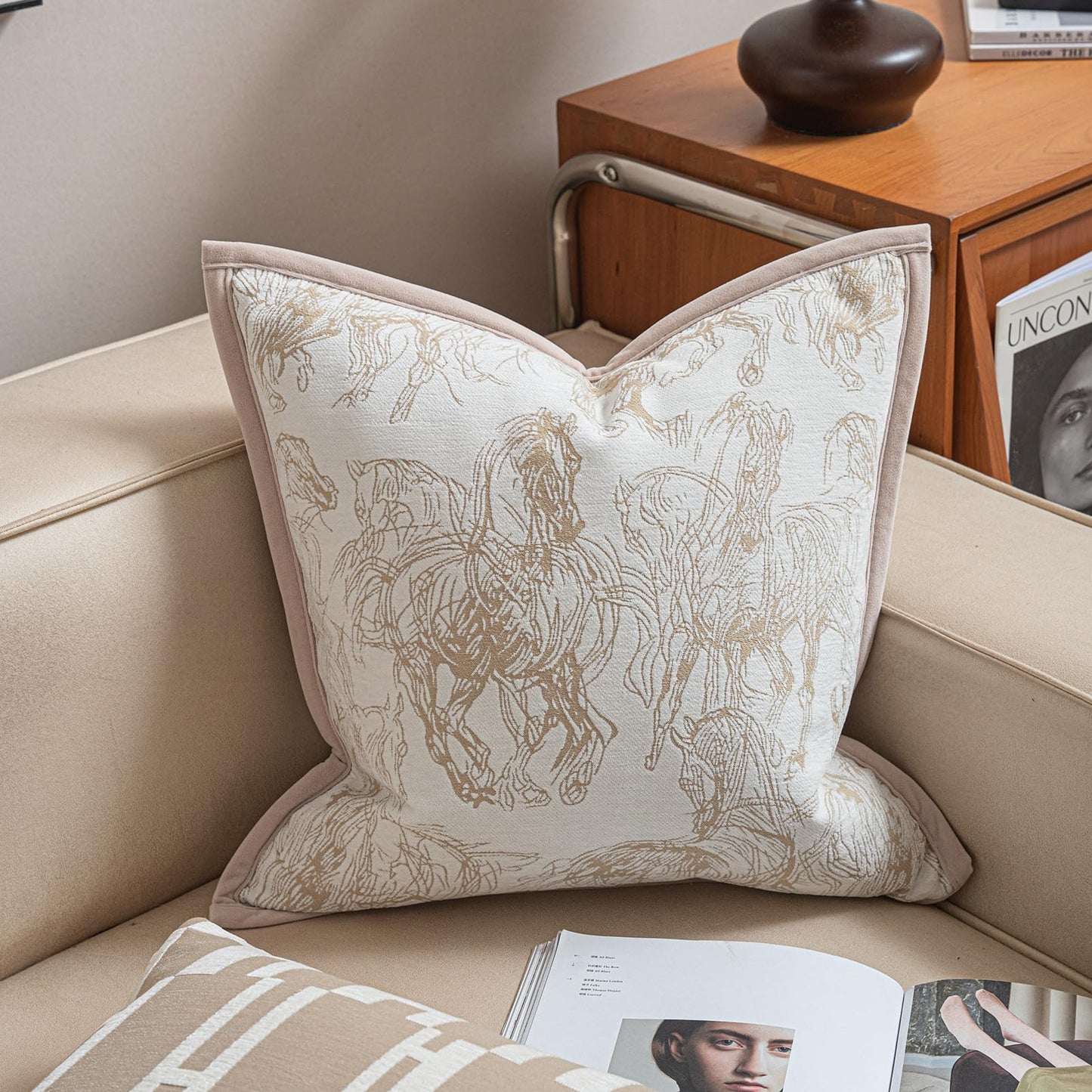 Croker Horse New 20x20'' inches Throw Pillow Cushion Covers - Palace Horse with Edge Strip Chenille Jacquard Embroidery Luxury Modern Style Couch Sofa Bed Pillow Cover for Living Room Bedroom