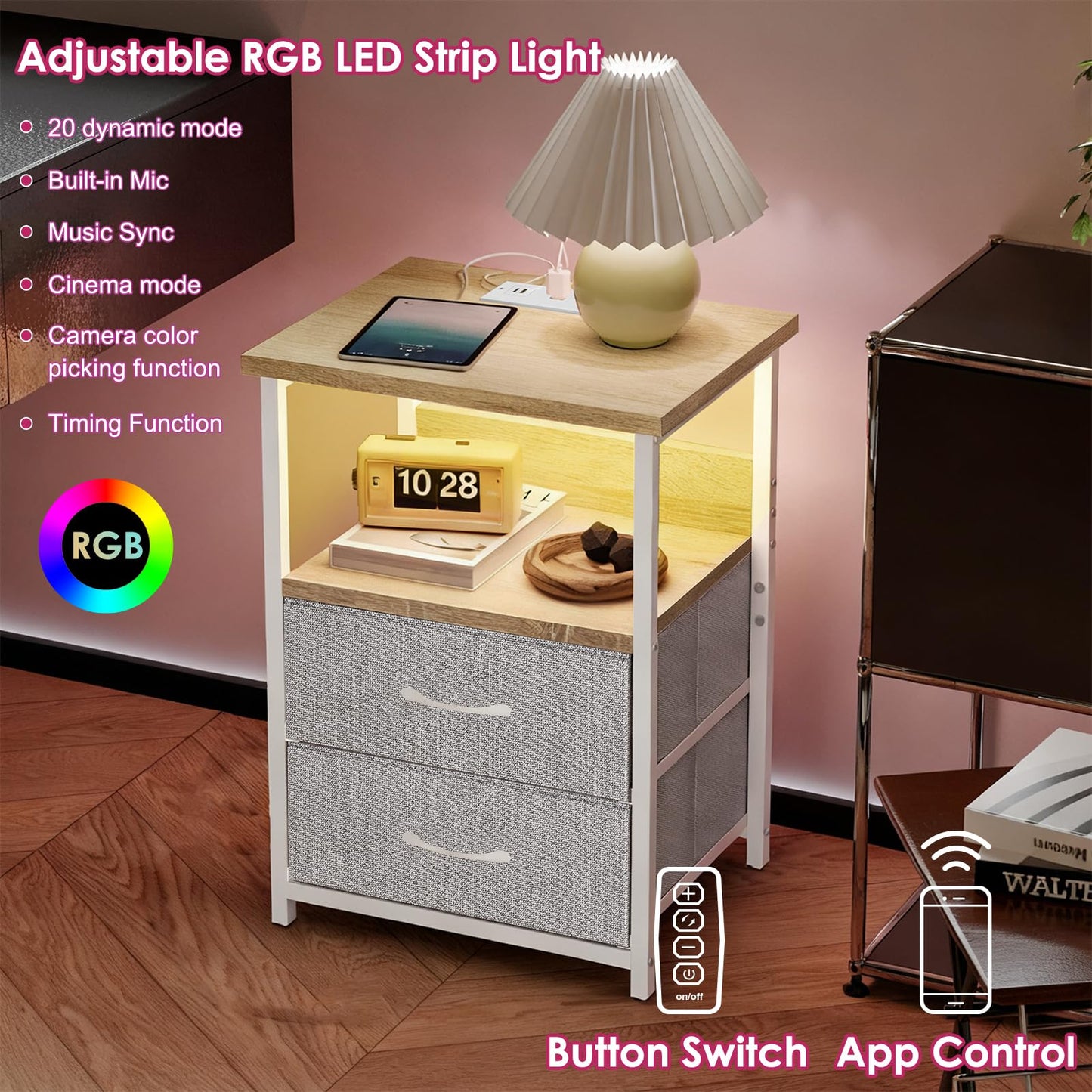 Fixwal Night Stand with Charging Station, LED Nightstand with U-S-B Ports and Outlets, 2 Fabric Storage Drawers with PU Finish, Small Bedside Table, Natural Oak & Light Grey