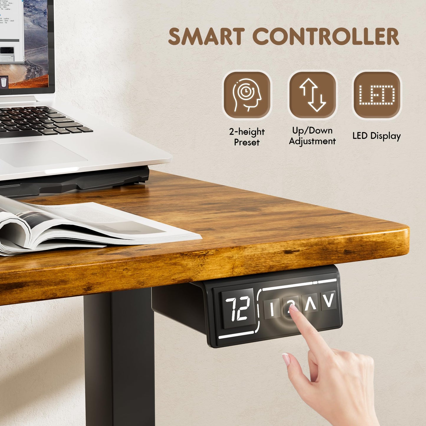 Furmax 63 x 55 Inch L Shaped Standing Desk with 2 Preset Heights, Electric Height Adjustable Computer Table, 2 Hooks & Feet Balance, Corner Sit Stand Desk for Home Office (Rustic Brown, 63 x 55 Inch)