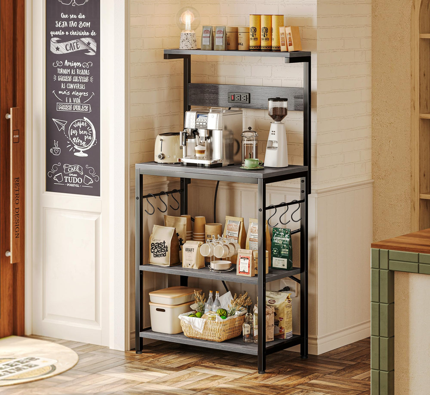 SUPERJARE Kitchen Bakers Rack with Power Outlet, Coffee Bar Table 4 Tiers, Kitchen Microwave Stand with 6 S-Shaped Hooks, Storage Shelf Rack for Spices, Pots and Pans - Charcoal Gray