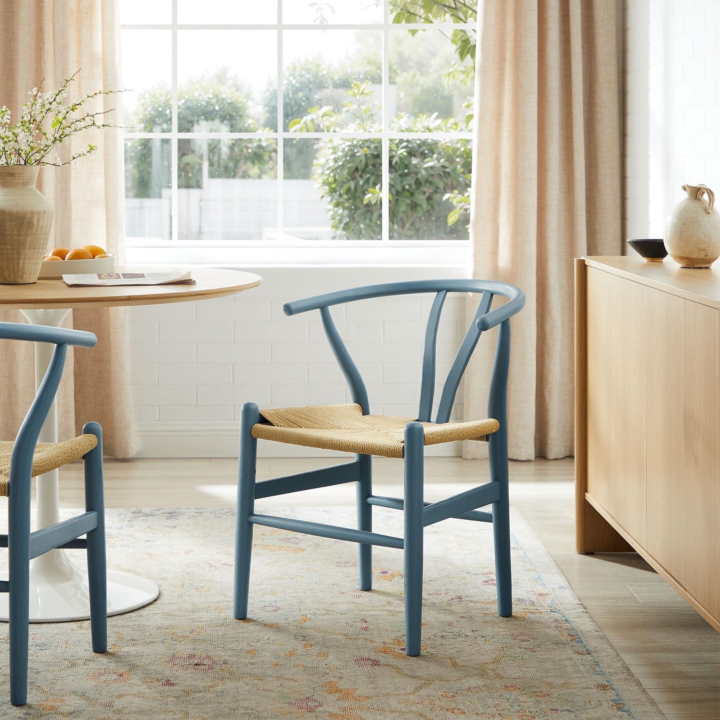 Modway Amish Wood Rope Dining Room Chair in Harbor Blue - 29 Inch Tall Solid Elm Wood Accent Armchair - Mid Century Modern Open Back Kitchen Chair with Woven Seat