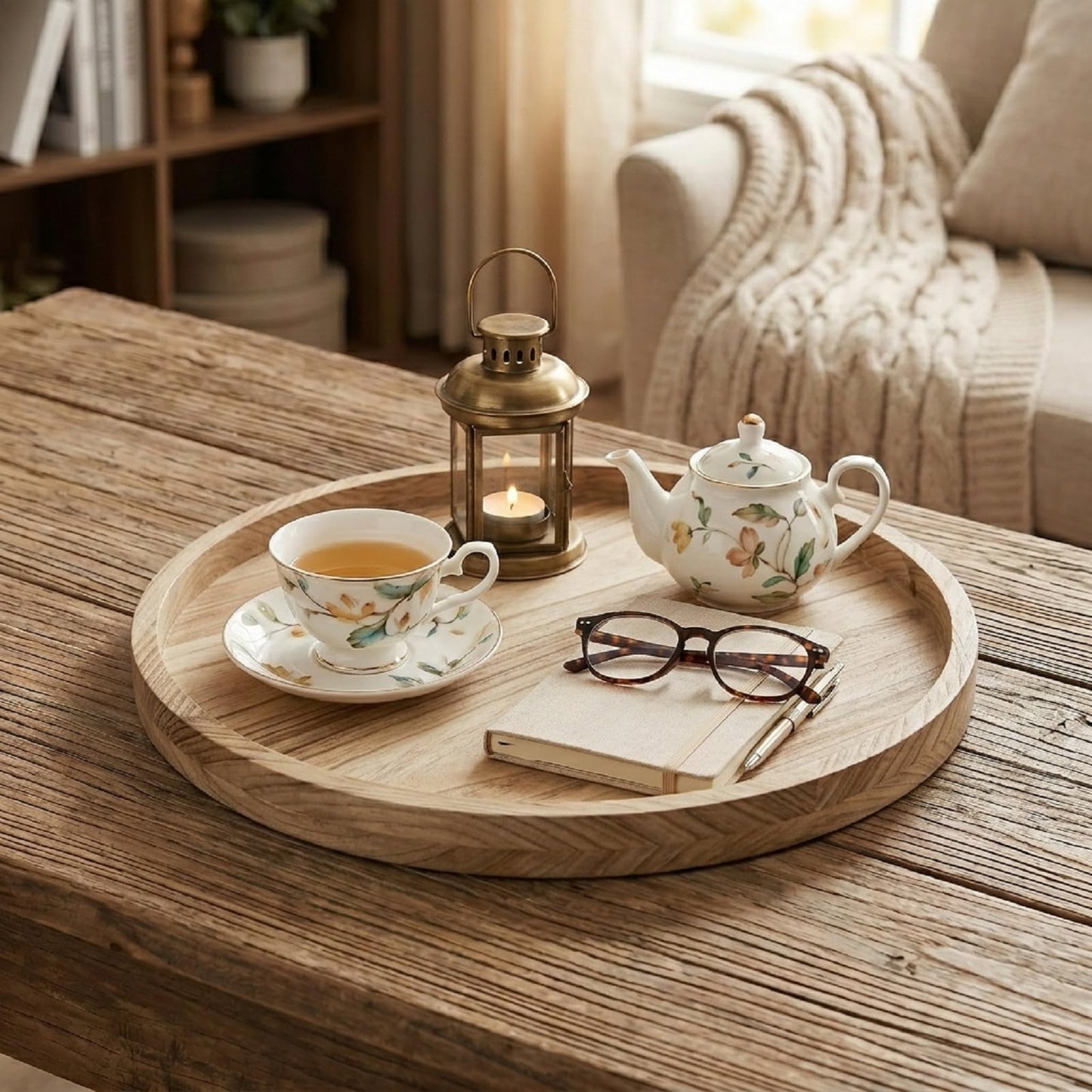 Round Ottoman Tray for Coffee Table Living Room Wood Serving Tray Large Wooden 20 Inches Rustic Torched